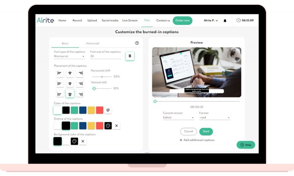 Alrite user-friendly interface to edit captions and personalise the way they are displayed