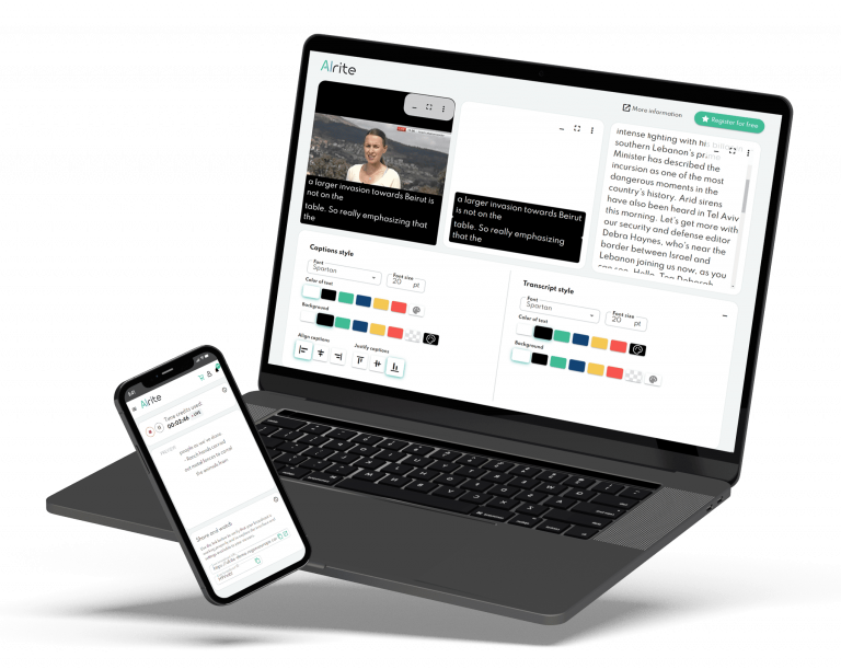 mockup of Alrite real-time transcription feature on a laptop and a mobile phone