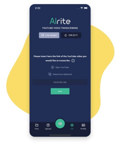 Alrite speech to text mobile app 'YouTube video transcribing' screen