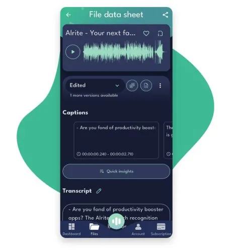 Alrite speech to text mobile app 'File details' screen